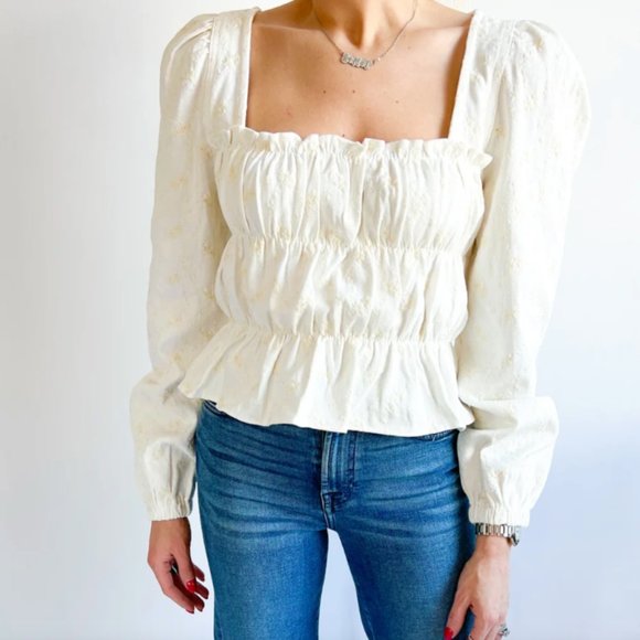 NWT XS EMMIE RUCHED EMBROIDERED DENIM TOP By En Saison - Picture 2 of 6